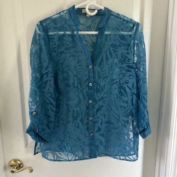 Choices Women’s Size Small Sheer Blouse 3/4 Cuff Sleeves, Button Down, Turqoise. - Picture 1 of 16